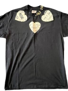 Oneita Vintage 90s Black Graphic Tee with Heart Patchwork Music Design, Cotton-4